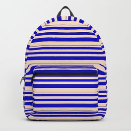 [ Thumbnail: Blue & Bisque Colored Stripes/Lines Pattern Backpack ]