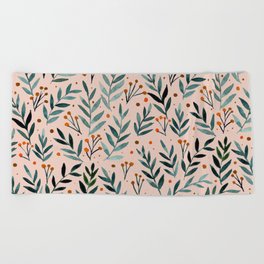 Festive watercolor branches - beige, teal and orange  Beach Towel