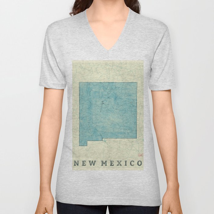 New Mexico State Map Blue Vintage V Neck T Shirt
