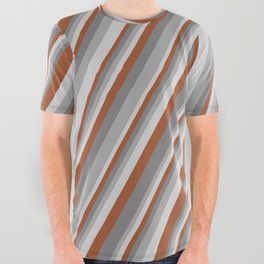 [ Thumbnail: Sienna, Grey, Dark Gray & Light Gray Colored Lines/Stripes Pattern All Over Graphic Tee ]