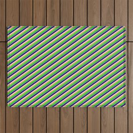 [ Thumbnail: Colorful Beige, Dark Salmon, Lime, Grey, and Dark Blue Colored Stripes/Lines Pattern Outdoor Rug ]