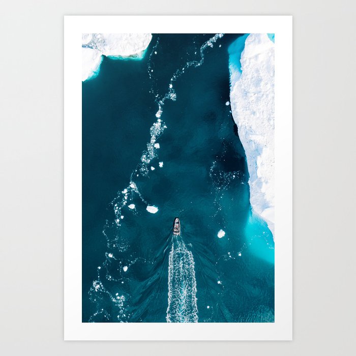 Boat surrounded by Icebergs Art Print