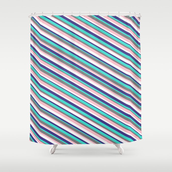 Vibrant Gray, Pink, White, Dark Slate Blue & Turquoise Colored Striped Pattern Shower Curtain