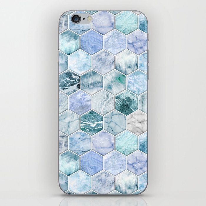 Ice Blue and Jade Stone and Marble Hexagon Tiles iPhone Skin