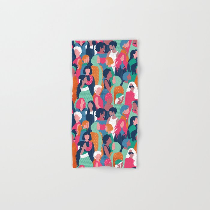Every day we glow International Women's Day // midnight navy blue background green curious blue cerise pink and orange copper humans  Hand & Bath Towel