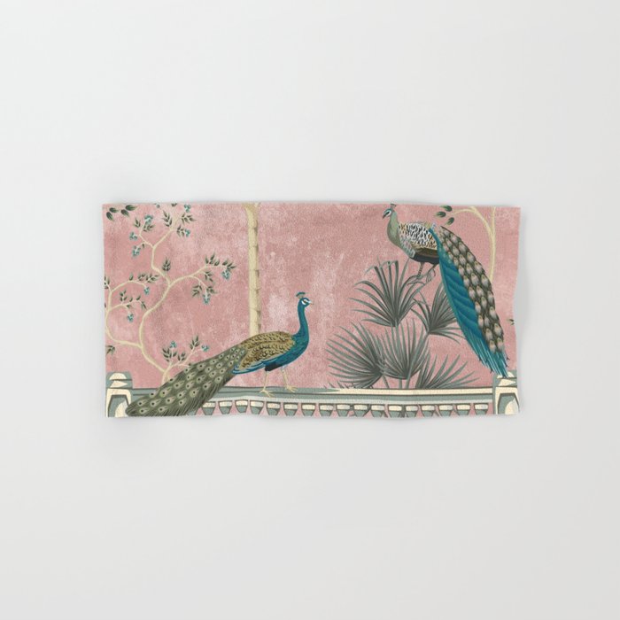Chinoiserie Blush Pink Peacock Palm Fresco Garden  Hand & Bath Towel