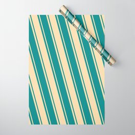 [ Thumbnail: Tan & Dark Cyan Colored Stripes/Lines Pattern Wrapping Paper ]