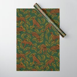 Festive Leopards in Sunglasses on Emerald Green Background Wrapping Paper
