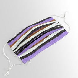 [ Thumbnail: Purple, Brown, Mint Cream, and Black Colored Stripes/Lines Pattern Face Mask ]