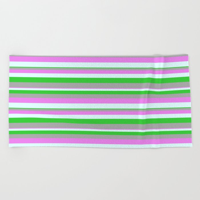 Violet, Light Cyan, Lime Green, and Dark Grey Colored Lines/Stripes Pattern Beach Towel