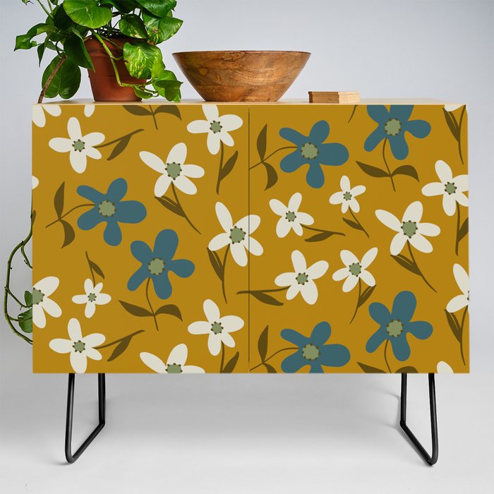 Abstract Hand Drawing Geometric Daisy Flowers and Leaves Repeating vintage Pattern Isolated Background  Credenza