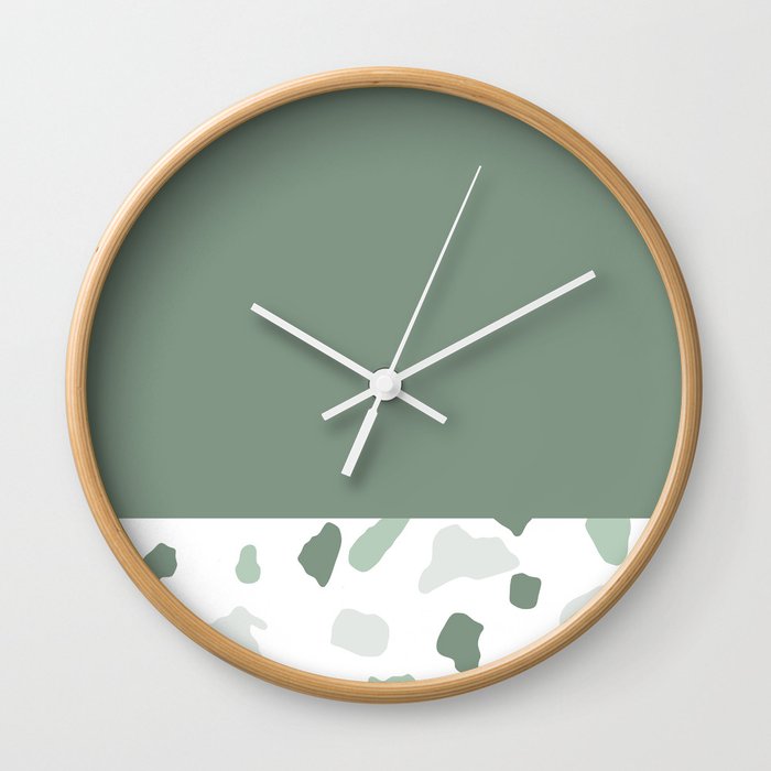 abstract terrazzo stone memphis pattern with colourblocking sage Wall Clock