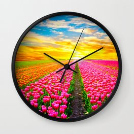Sunset Tulip Field - Oil painting - Landscape Wall Clock