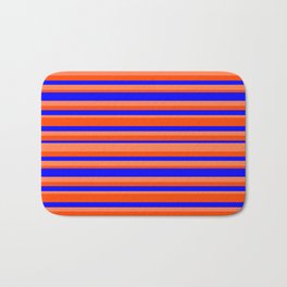 [ Thumbnail: Blue, Coral & Red Colored Striped Pattern Bath Mat ]