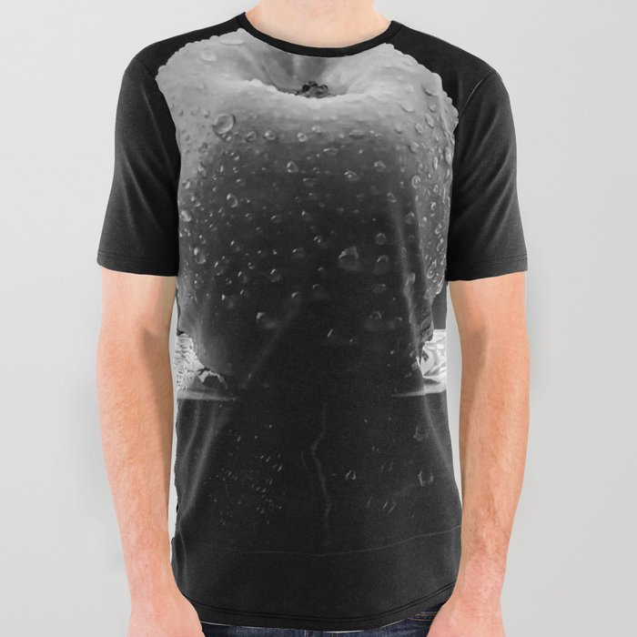 Apple with dewdrops and morning rain still life portrait black and white photograph - photography - photographs All Over Graphic Tee