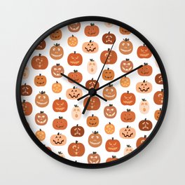 jack o' lanterns. (white variant) Wall Clock | Pattern, Scary, Fall, Vector, Drawing, Pumpkins, Orange, Spooky, Cute, Halloween 