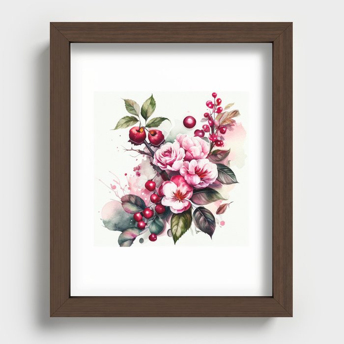 A wonderful watercolor garden, gold, pink, blue, green leaves, floral Recessed Framed Print