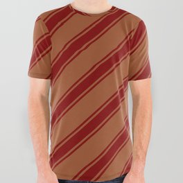 [ Thumbnail: Sienna and Maroon Colored Lined/Striped Pattern All Over Graphic Tee ]