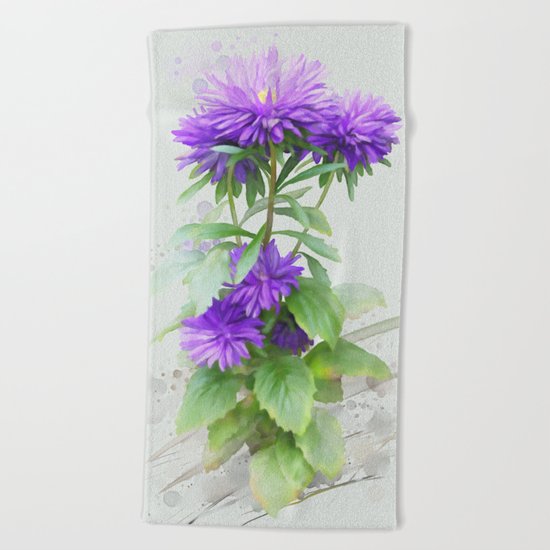 Purple Flowers, watercolors Beach Towel