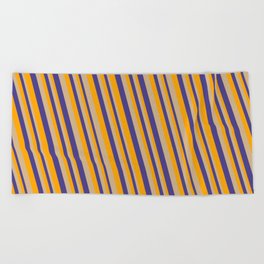[ Thumbnail: Orange, Tan, and Dark Slate Blue Colored Striped Pattern Beach Towel ]