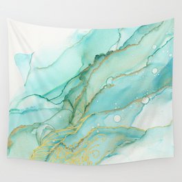 Magic Bloom Flowing Teal Blue Gold Wall Tapestry