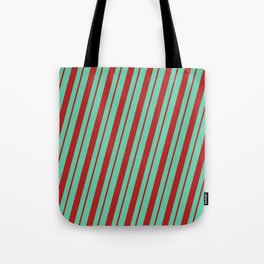 [ Thumbnail: Aquamarine & Red Colored Striped Pattern Tote Bag ]