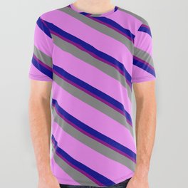 [ Thumbnail: Grey, Violet, Dark Blue & Purple Colored Lined Pattern All Over Graphic Tee ]