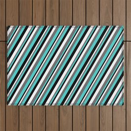 [ Thumbnail: White, Dim Gray, Turquoise, and Black Colored Lined Pattern Outdoor Rug ]