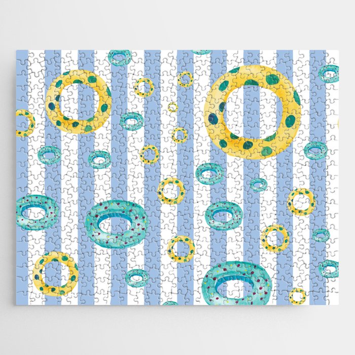 Yellow and Blue Pool Floats on Baby Blue Stripes Jigsaw Puzzle