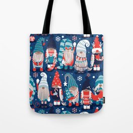 Let it gnome // blue background little Santa's helpers preparing for Christmas neon red classic oxford and pastel blue dressed gnomes Tote Bag