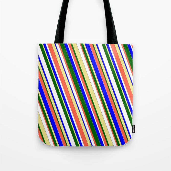 Vibrant Blue, Tan, Dark Green, Red, and White Colored Stripes/Lines Pattern Tote Bag