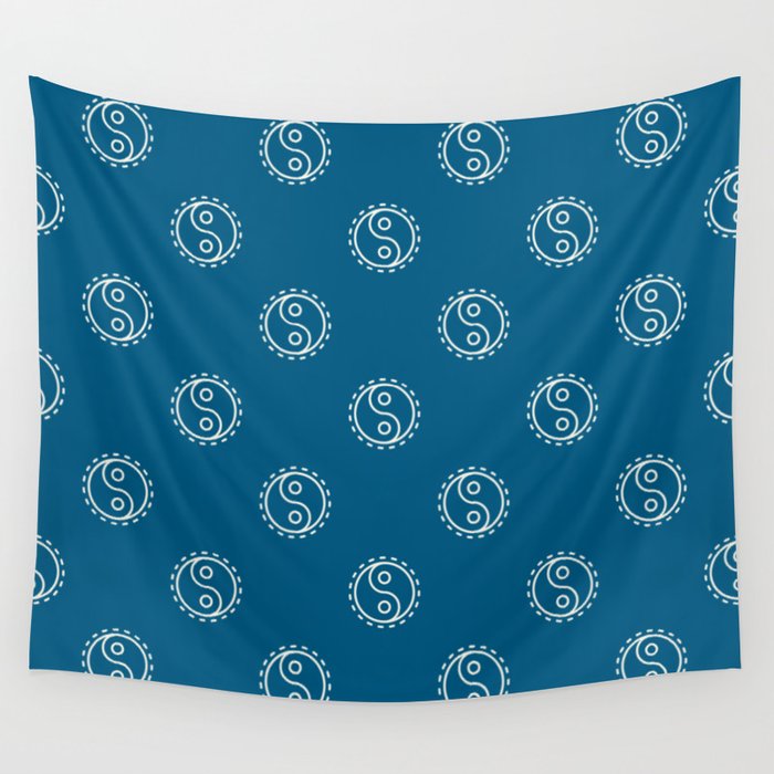 White Yin Yang Symbol Pattern on Winter Blue Wall Tapestry