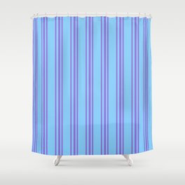 [ Thumbnail: Purple & Light Sky Blue Colored Pattern of Stripes Shower Curtain ]
