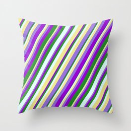 [ Thumbnail: Vibrant Tan, Purple, Dark Violet, Forest Green & Light Cyan Colored Stripes Pattern Throw Pillow ]