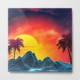 Sunset Vaporwave landscape with rocks and palms Metal Print