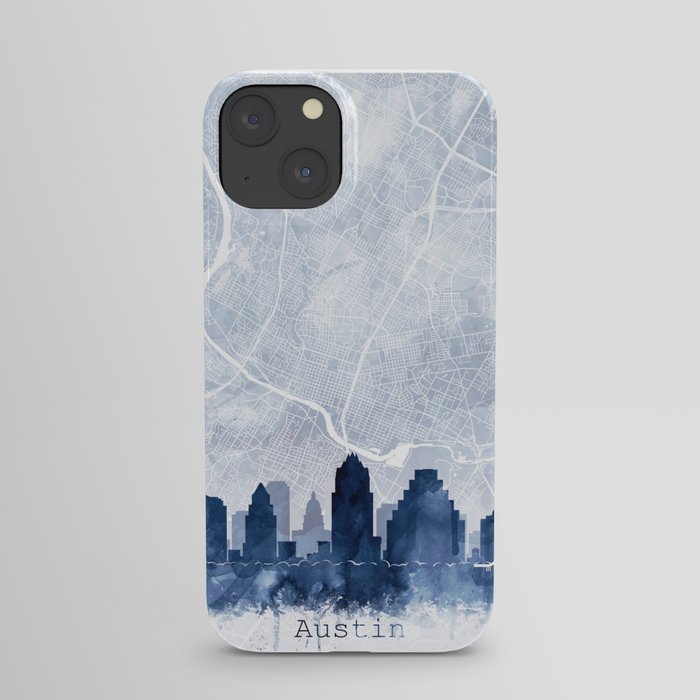 Austin Skyline & Map Watercolor Navy Blue Print by Zouzounio Art iPhone Case