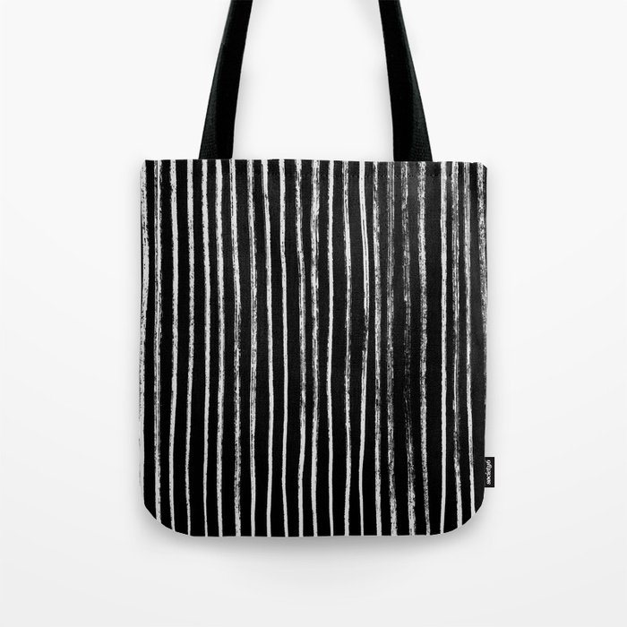 White Line Pattern on Black Tote Bag