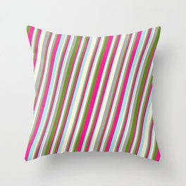 [ Thumbnail: Beige, Dark Gray, Green, Deep Pink, and Powder Blue Colored Stripes Pattern Throw Pillow ]