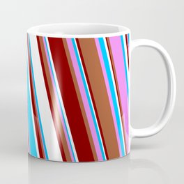[ Thumbnail: Vibrant Violet, Sienna, Maroon, White, and Deep Sky Blue Colored Stripes Pattern Coffee Mug ]