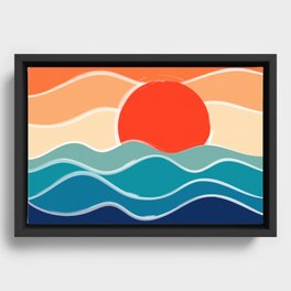 Retro 70s and 80s Color Palette Mid-Century Minimalist Nature Waves and Sun Abstract Art Framed Canvas