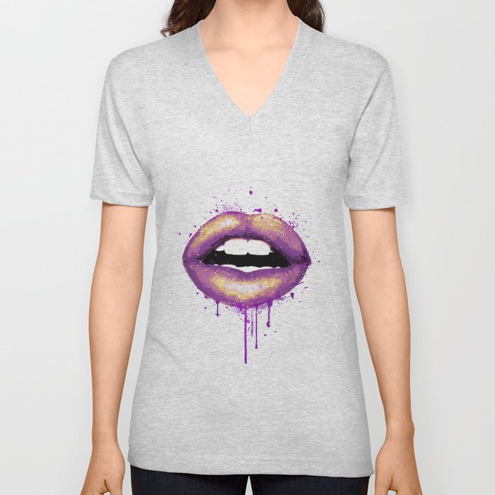 Lips Art Colorful Purple Gold Watercolor V Neck T Shirt