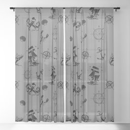 Grey And Black Silhouettes Of Vintage Nautical Pattern Sheer Curtain