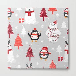 Adorable Christmas Polar Bear and Penguin  Metal Print