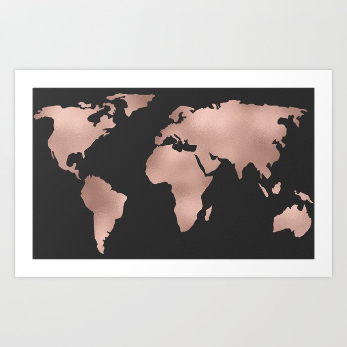 Rose Gold World Map on Dark Gray Art Print