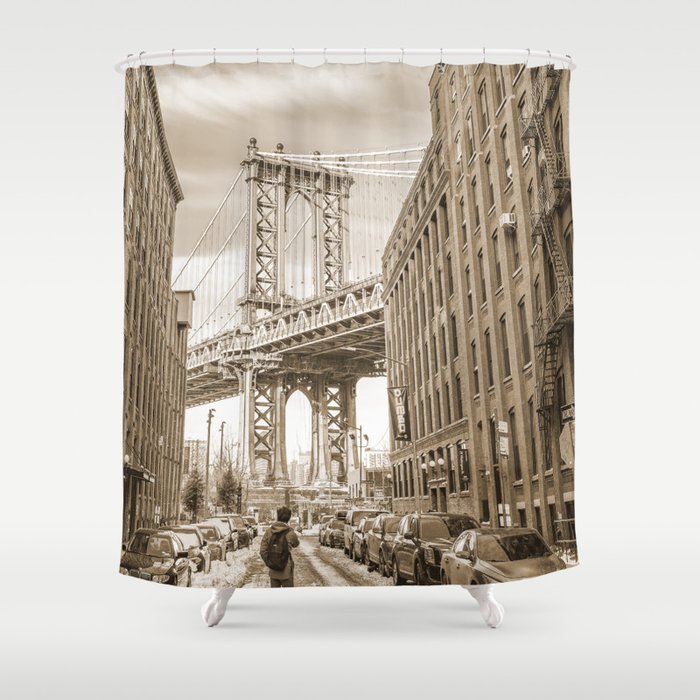 Manhattan Bridge | Sepia Street Photography Shower Curtain