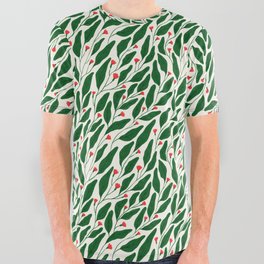 Cute Artsy Botanical Floral Green Leaves Red Flowers All Over Graphic Tee
