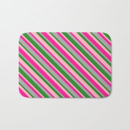 [ Thumbnail: Deep Pink, Dark Gray, Forest Green, and Light Pink Colored Lines/Stripes Pattern Bath Mat ]