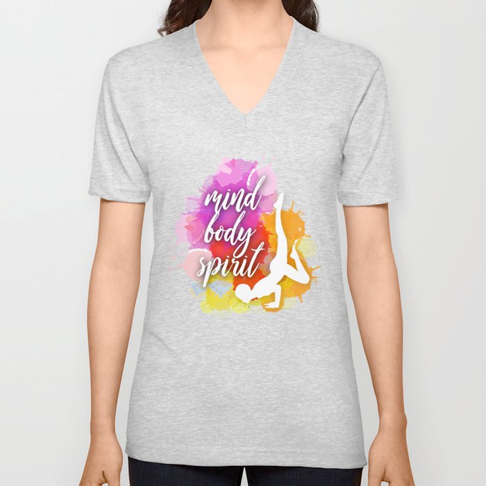 Mind body spirit- Yoga and meditation watercolor quotes in warm scheme	 V Neck T Shirt