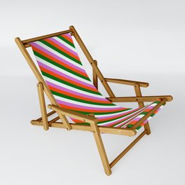 [ Thumbnail: Red, Dark Green, Mint Cream, and Orchid Colored Striped Pattern Sling Chair ]