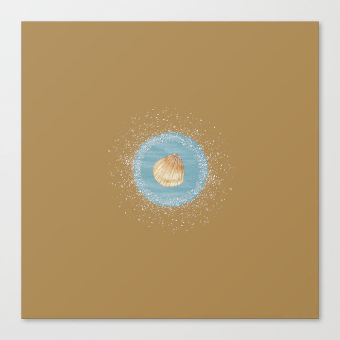 Watercolor Seashell and Blue Circle on Gold Brown Canvas Print